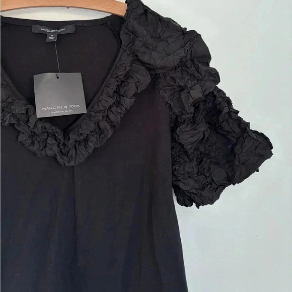 Marc New York, Andrew Marc, V Neck Black Blouse with Ruffled Neck and Sleeves - Picture 2 of 6